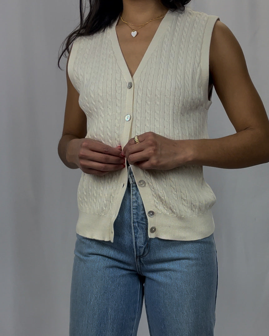 Vintage Cable Knit Sleeveless Cardigan