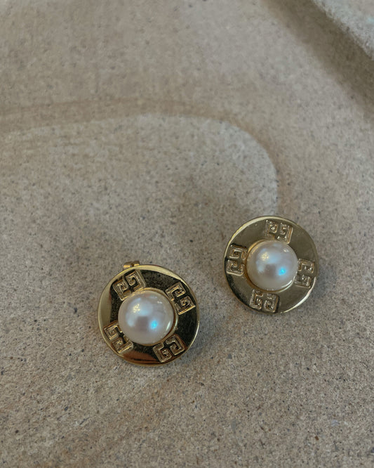 Vintage Givenchy Logo Round Pearl Earrings